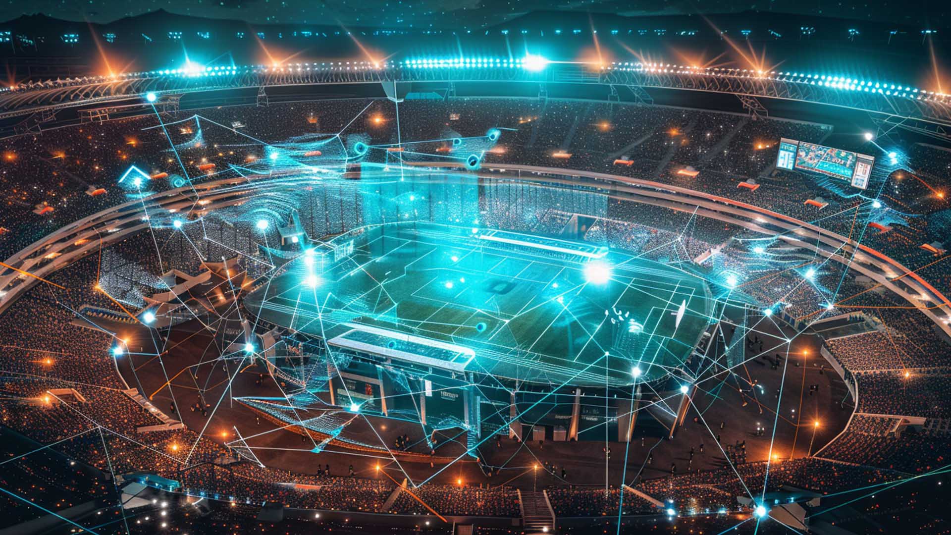 A modern stadium filled with spectators, illuminated by bright lights.n the center, an AI interface with lines connecting various data points to a central hub, symbolizing AI-driven insights.
